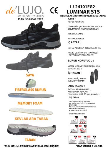 De Lujo. Lumınar S1s Iş Ayakkabısı Fıberglass Burun Kevlar Ara Taban  SİYAH TEKSTİL resmi