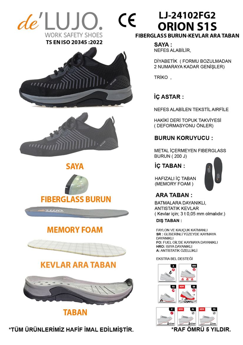 De Lujo. Orıon S1s Yazlık  Iş Ayakkabısı Fıberglass Burun Kevlar Ara Taban  SİYAH-GRİ TRİKO ET.LJ-24102FG2SİYAH-GRİ TRİKO resmi