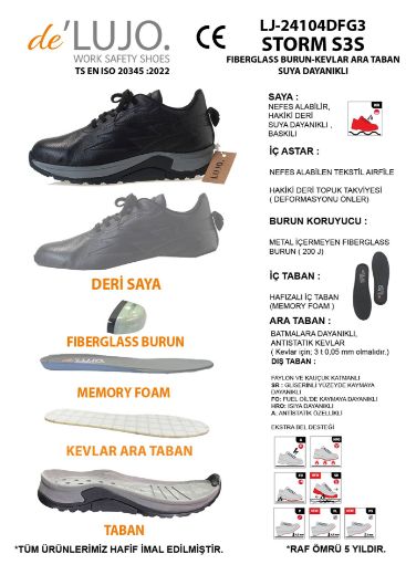 De Lujo. Canyon S3s Hakiki Deri Iş Ayakkabısı Fıberglass Burun Kevlar Ara Taban - Suya Dayanıklı  SİYAH DERİ resmi