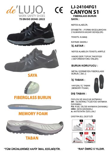 De Lujo. Canyon S1 Iş Ayakkabısı Fıberglass Burun   SİYAH TEKSTİL resmi
