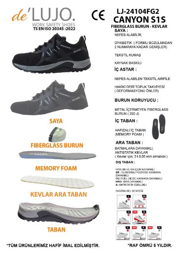 De Lujo. Canyon S1s Iş Ayakkabısı Fıberglass Burun Kevlar Ara Taban  SİYAH TEKSTİL ET.LJ-24104FG2SİYAH TEKSTİL resmi