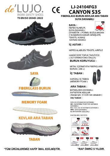 De Lujo. Canyon S3s Iş Ayakkabısı Fıberglass Burun Kevlar Ara Taban - Suya Dayanıklı  SİYAH TEKSTİL ET.LJ-24104FG3SİYAH TEKSTİL resmi